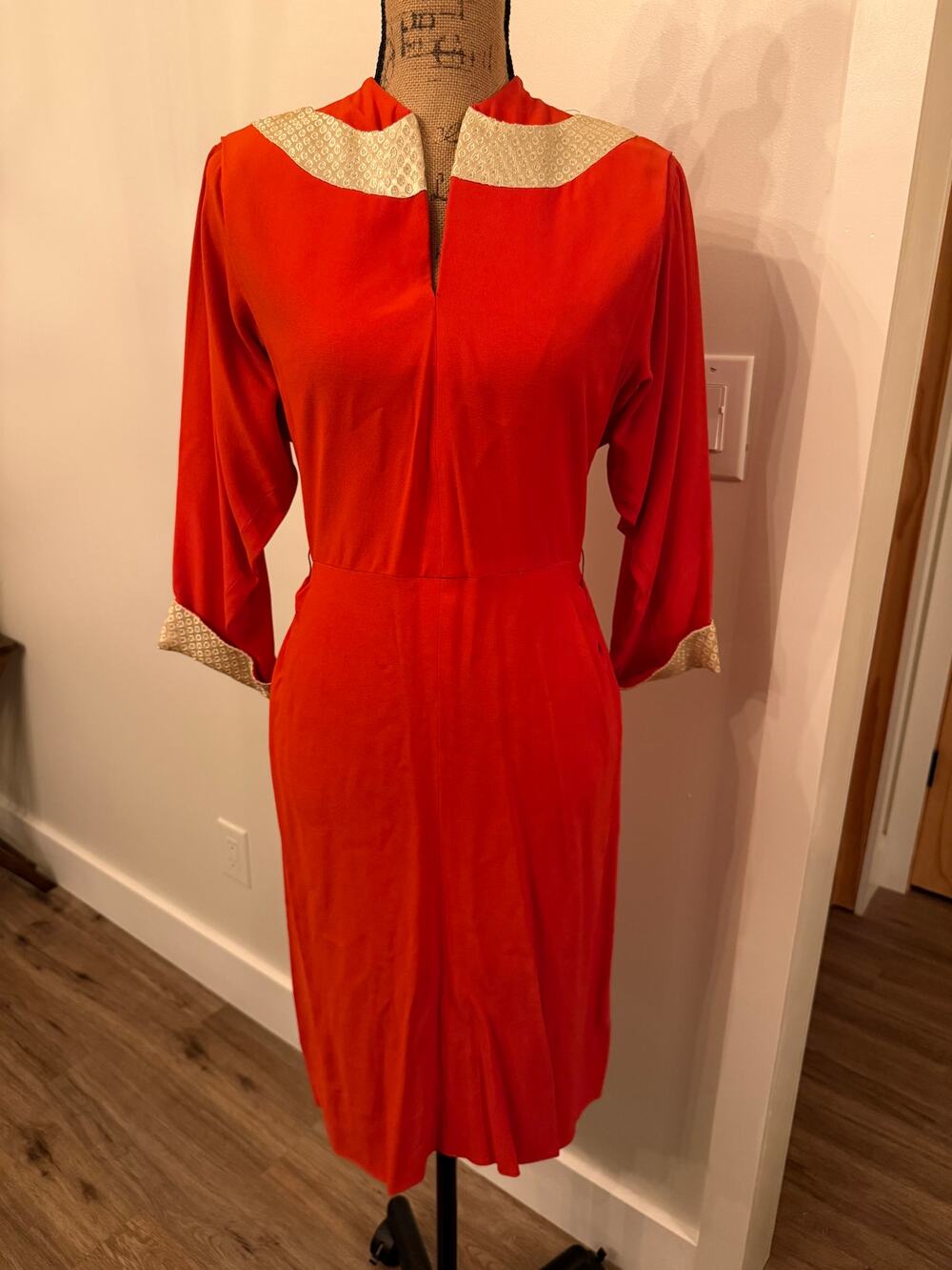 Vintage Adrian Red and Gold Batwing Sleeve Dress Measurements in Description